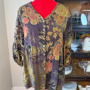 Tianello Boho Floral Button Front Blouse Top Medium USA Made 100% Rayon